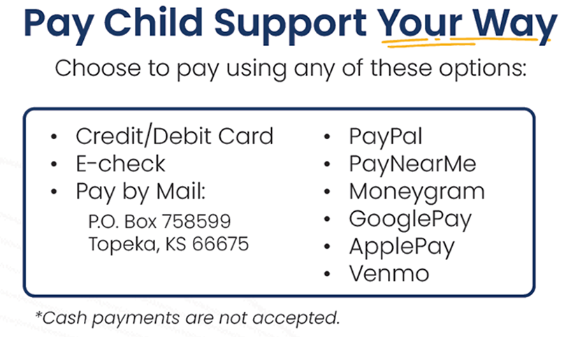 pay Child support your way choose to pay using any of these options: credit/debit card, E-check, pay pal, paynearme, moneygram, google pay, apple pay, Venmo, and pay by mail at P.O. Box 758579 Topeka KS 66675. Cash payments are not accepted.